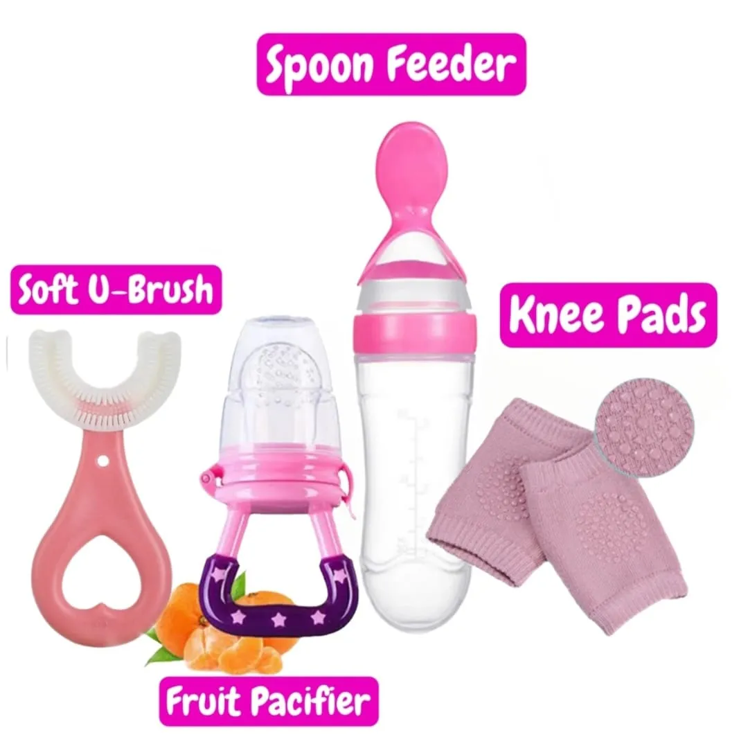 New Combo Pack 4 in 1 Baby Fruit Pacifier - Baby Silicon Spoon Feeder Best Soother - Pair of Kneepad - Best Silicone U Tooth Brush Best Tool For New born image 1