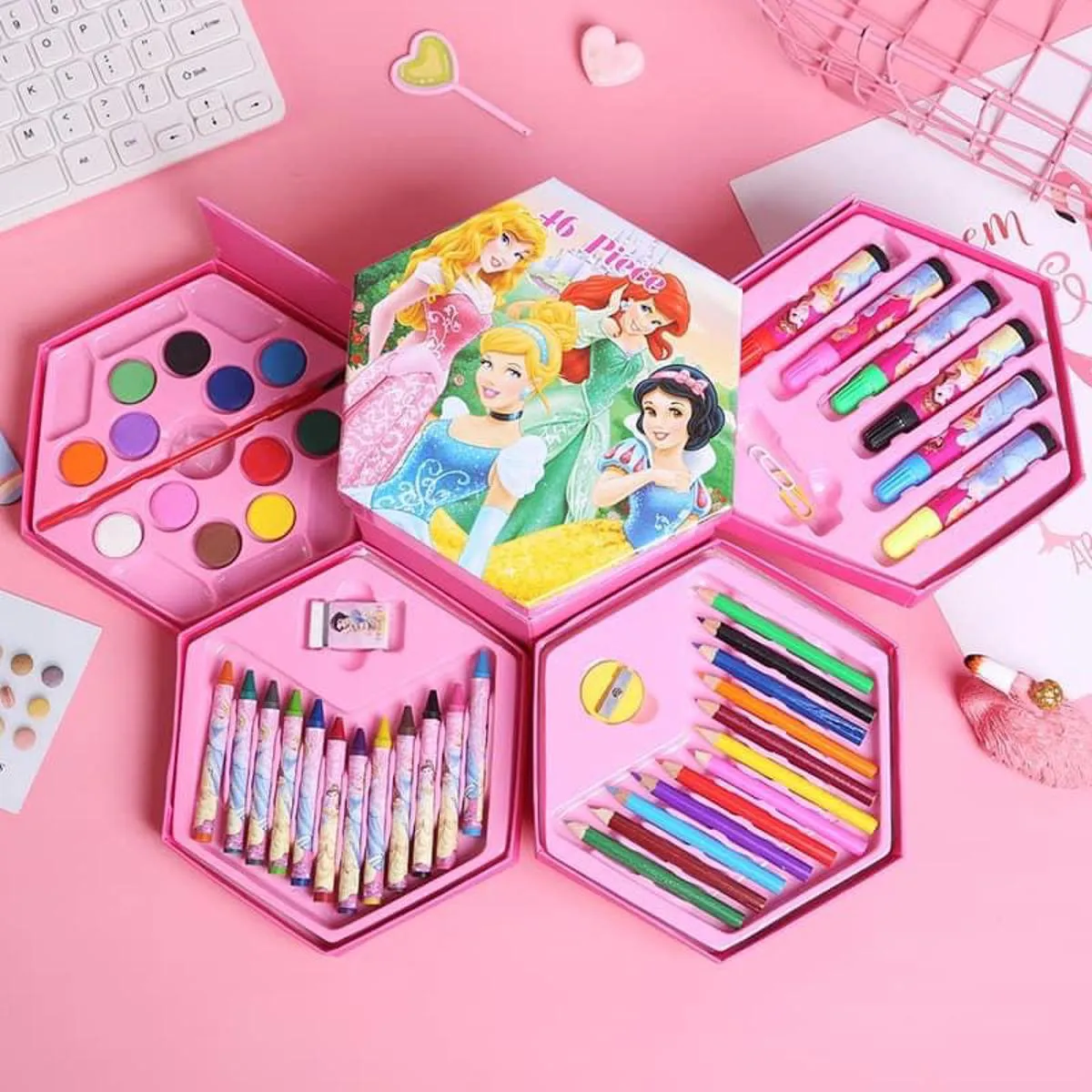 46 Pieces Coloring Kit Set - With Color Pencil, Crayons, Water Color, And Sketch Pens - Hexagon image 6