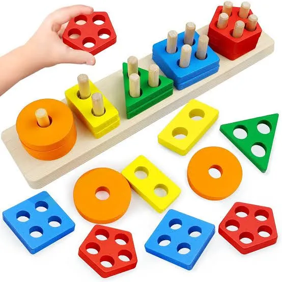 Wooden Sorting Stacking Toys 15 pcs Geometric Shapes Sorting and Stacking Block Board, Wooden Educational Puzzles for 2 3 4 Years Old Baby Boys Girls Toddlers