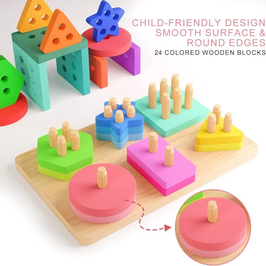 Children puzzle wooden six sets of column toys early education wisdom set of column intelligence geometric shape cognition matching blocks image 4