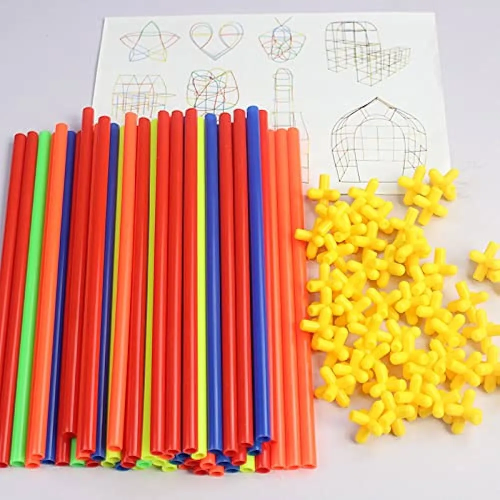 Rainbow Straw Constructor Stem Building Toys 240 pcs Interlocking Plastic Educational Toys Engineering Building Blocks -Construction Blocks- Colorful Motor Skills Interlocking Plastic Engineering Toys Best Educational Toys Gift for Boys & Girls image 4