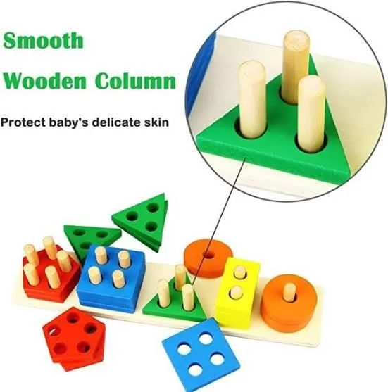 Wooden Sorting Stacking Toys 15 pcs Geometric Shapes Sorting and Stacking Block Board, Wooden Educational Puzzles for 2 3 4 Years Old Baby Boys Girls Toddlers image 6