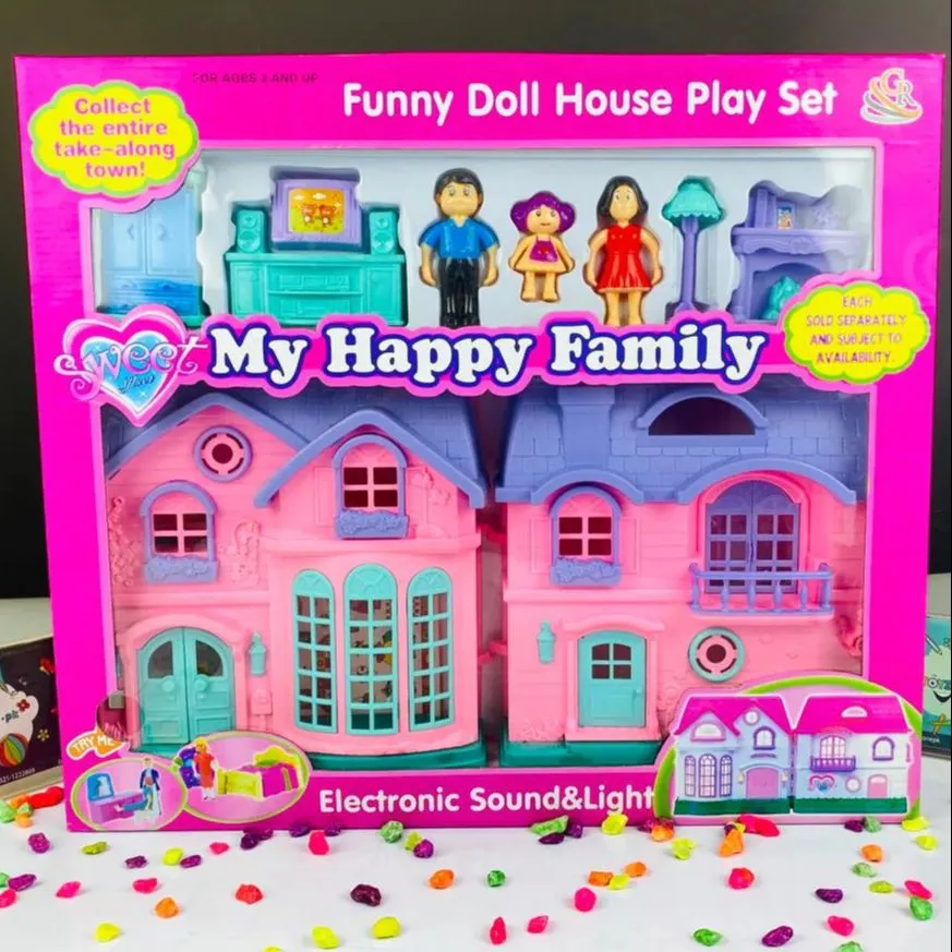Doll House - Happy Family Villa Set For Girls - Lovely Pink Doll House For Girls - Pink Color Dollhouse Furniture Set image 3