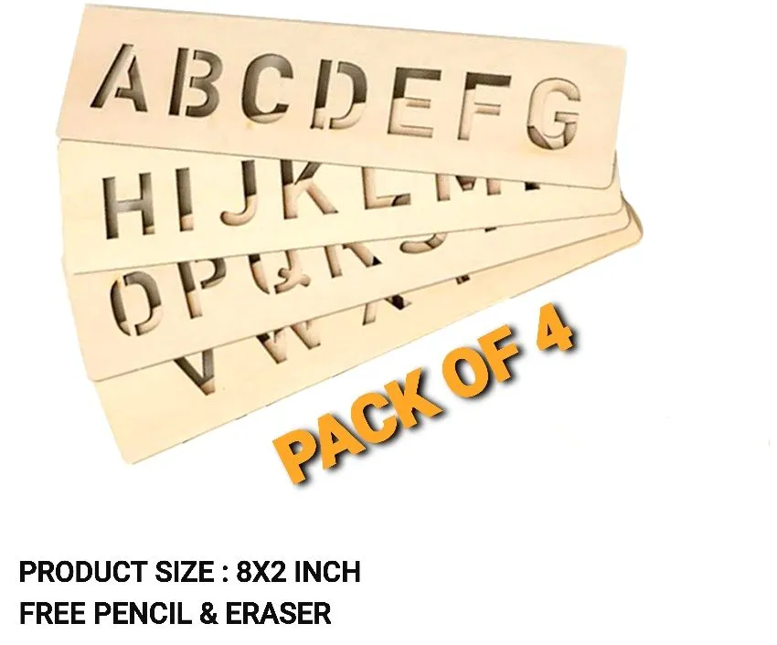 Alphabets A To Z Letter Educational Wood Hand Writing Stencil Board (4 PIECES) Alphabet Recognition Reading And Drawing Hand And Eye Co-ordination Size 8x2 inches With Free Pencil And Eraser image 1