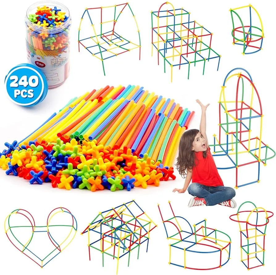 Rainbow Straw Constructor Stem Building Toys 240 pcs Interlocking Plastic Educational Toys Engineering Building Blocks -Construction Blocks- Colorful Motor Skills Interlocking Plastic Engineering Toys Best Educational Toys Gift for Boys & Girls