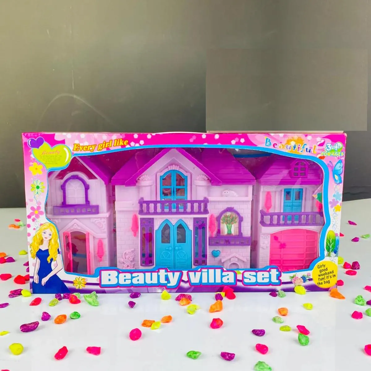 Doll House - Happy Family Villa Set For Girls - Lovely Pink Doll House For Girls - Pink Color Dollhouse Furniture Set - 85 x 40 x 60 cm