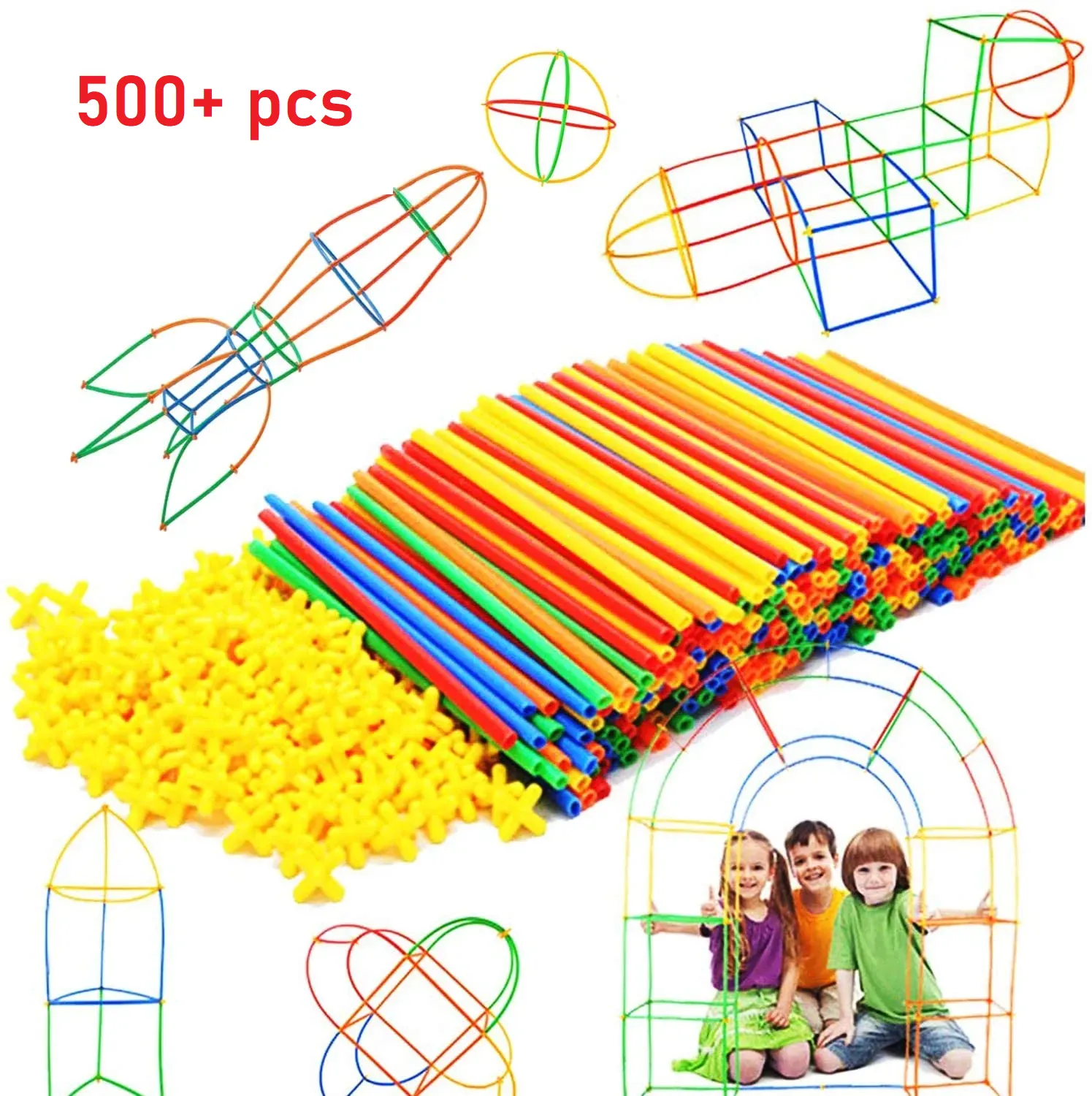 Straw Constructor Toys STEM Building 550 Toy With Box Interlocking Plastic Engineering Thin Tube Blocks Educational Kit for 3 4 5 6 7 years Kids Boys and Girls Gift