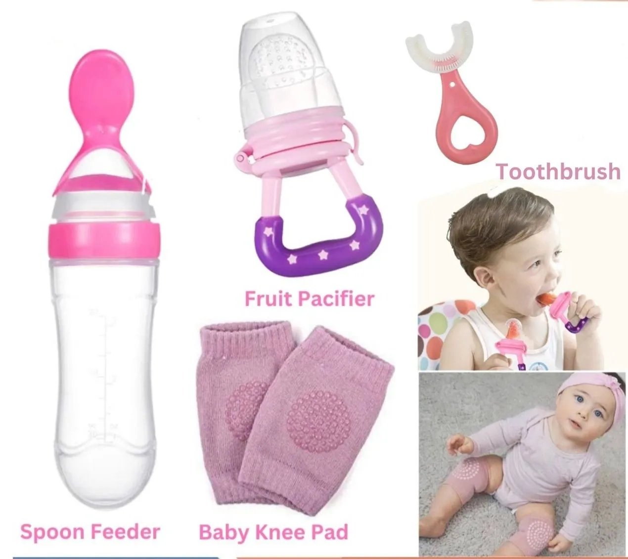 New Combo Pack 4 in 1 Baby Fruit Pacifier - Baby Silicon Spoon Feeder Best Soother - Pair of Kneepad - Best Silicone U Tooth Brush Best Tool For New born image 5