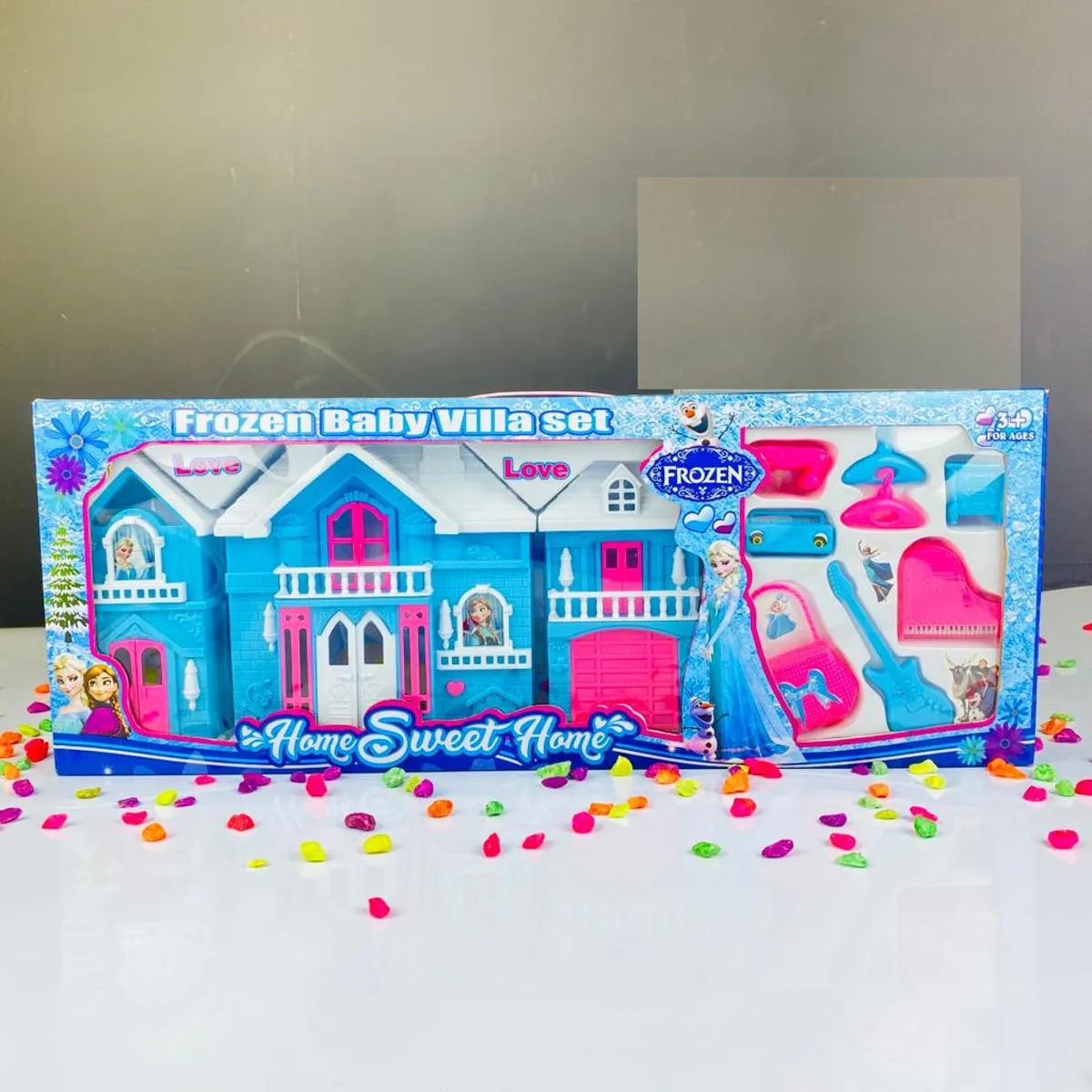 Frozen Doll House - Happy Family Villa Set For Girls - Lovely Blue Doll House For Girls - Blue Color Dollhouse Furniture Set - 30cm x 20cm x 10 cm