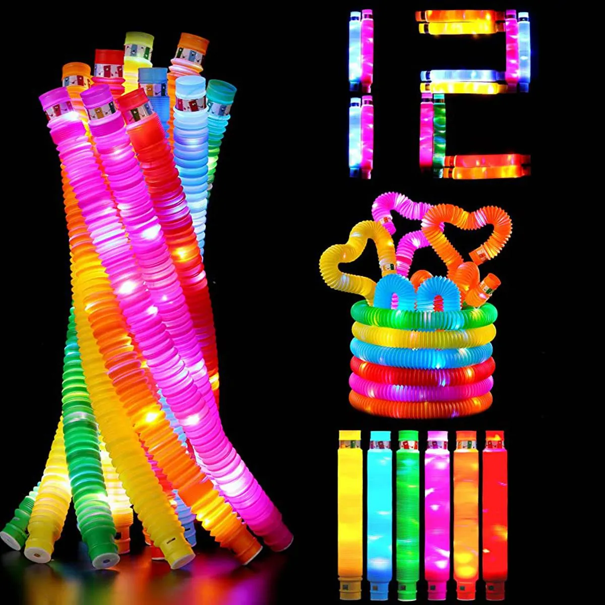 Pack of 12 LED Light Up Pop Tubes Sensory Fidget Toys Party Favors for Kids Glow in The Dark Fidget Tubes Pull and Stretch Tubes Fidget Toys for Kids Birthday Party Goodie Bag Stuffers Supplies