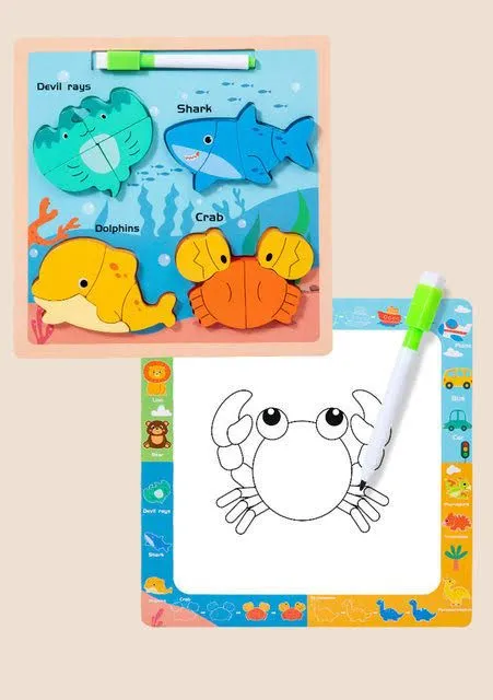 2 In 1 Wooden Puzzle Drawing Board Jigsaw Board Color Shapes Montessori Multifunctional White Board Wuth Puzzles For 2 3 4 5  Year Old Boys Girl And Kids Fun And Learn Toy Best Educational Utensils image 3