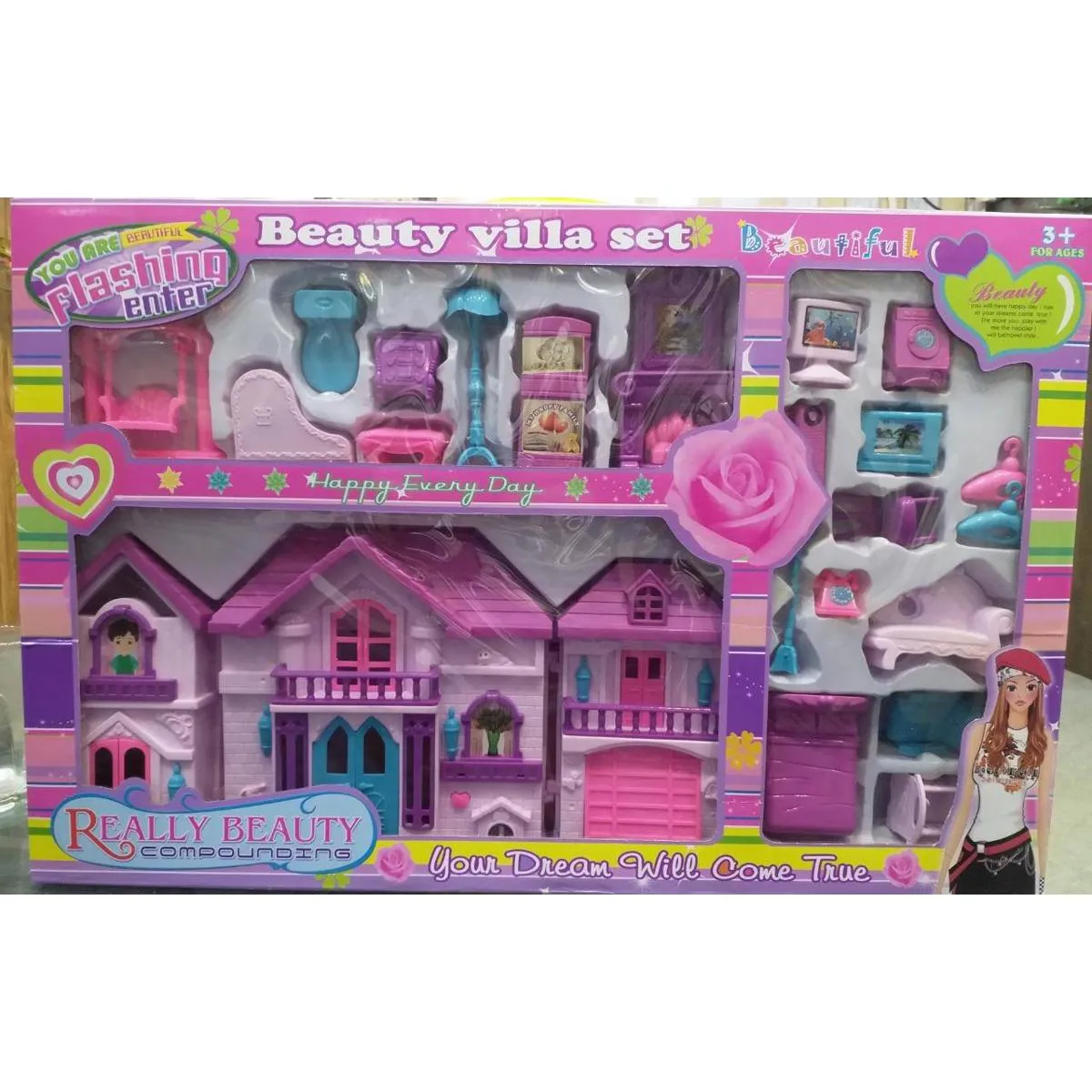 Doll House - Beauty Villa Set For Girls - Lovely Pink Doll House - Doll House For Girls - Pink Color Doll Play House image 2